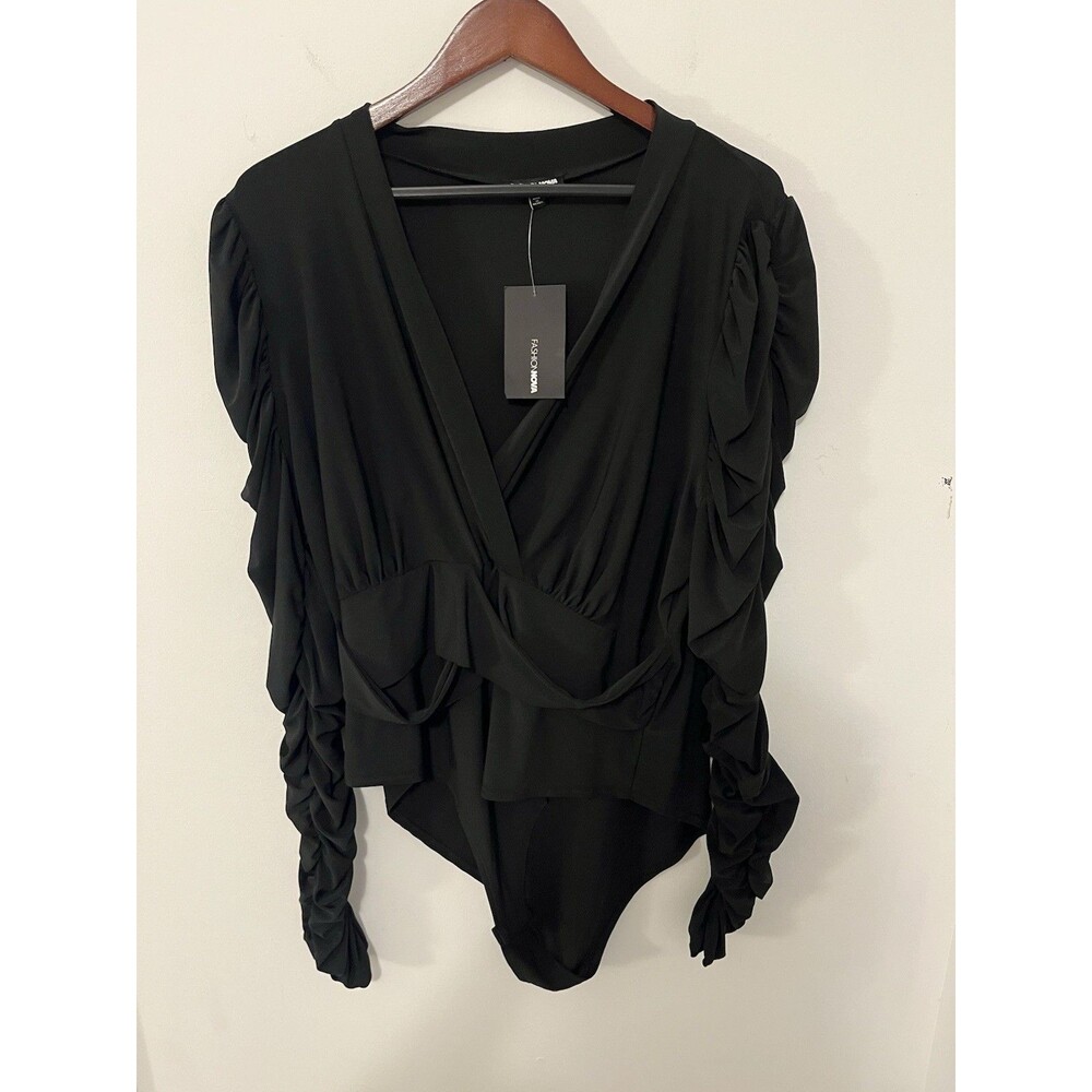 Fashion Nova Nights In The City Bodysuit Womens 3X Black Ruched Long Sleeve NWT